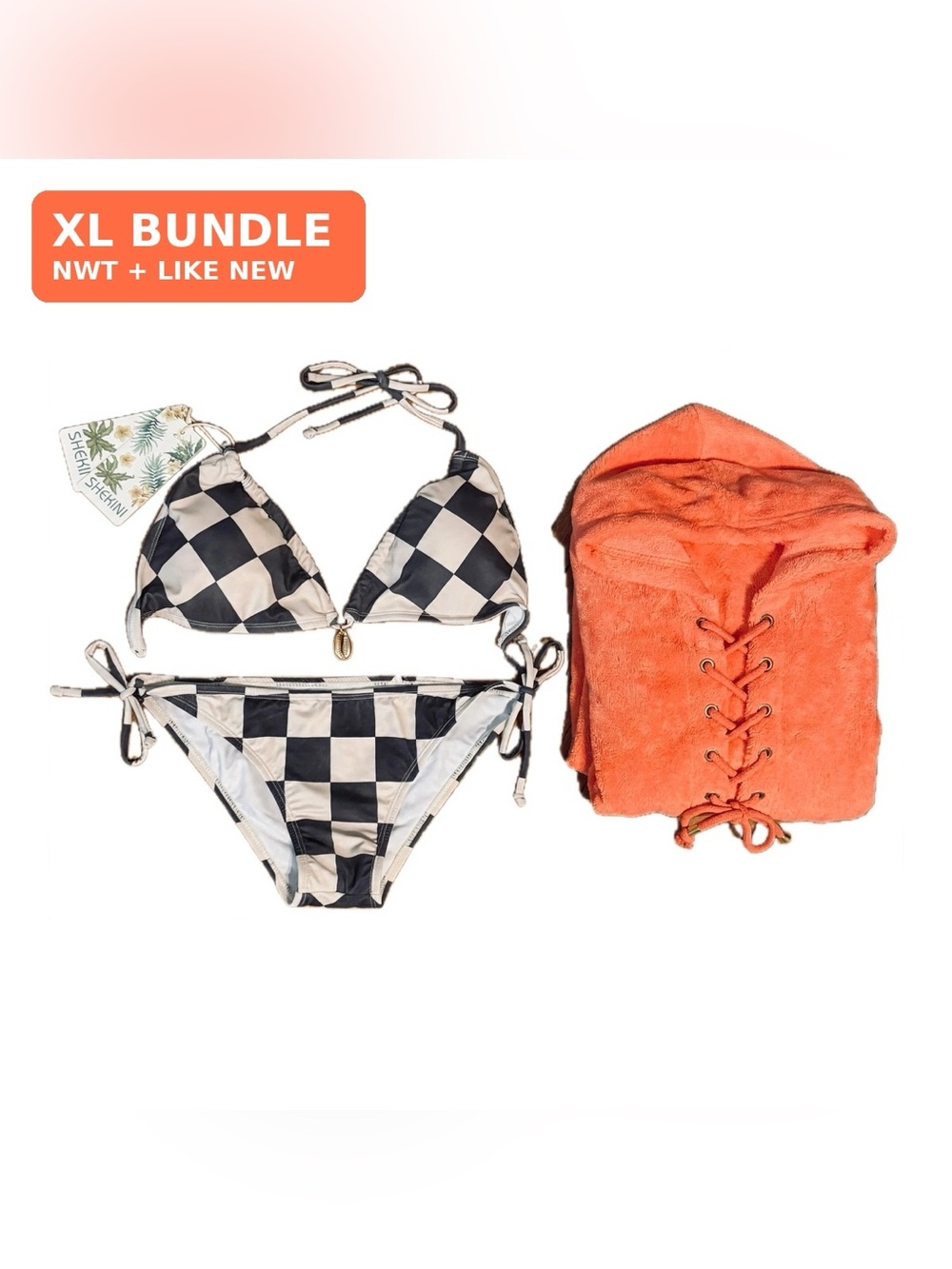 SHEKINI XL Bundle Bikini Black White Check NWT + Coral Terry Coverup Gold Charm